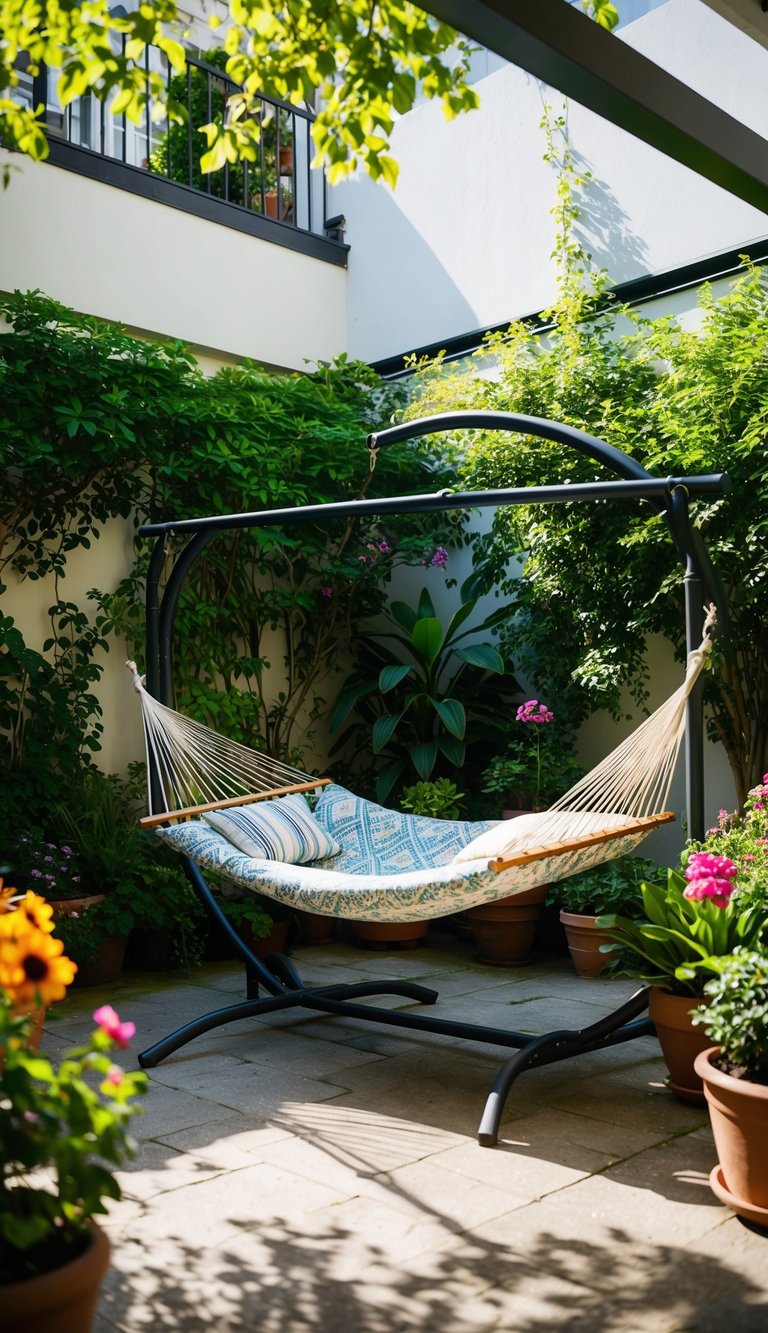 A freestanding hammock is set in a cozy courtyard garden, surrounded by lush greenery and vibrant flowers. The sun shines down, casting dappled shadows on the ground