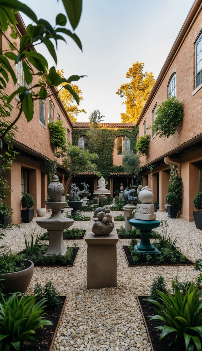A variety of artistic garden sculptures are scattered throughout 18 small courtyard gardens, adding visual interest and charm to the outdoor spaces