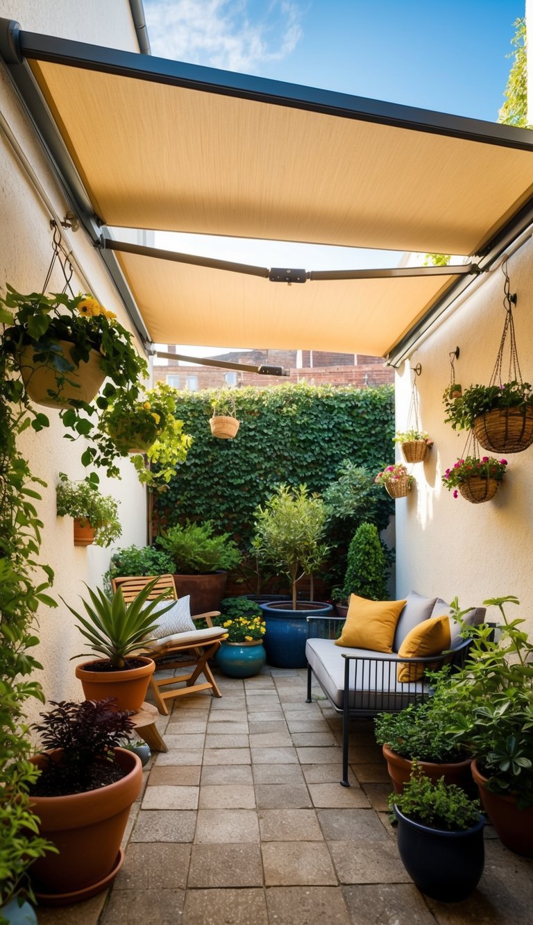 A retractable awning shades a cozy courtyard garden with potted plants, hanging baskets, and a small seating area