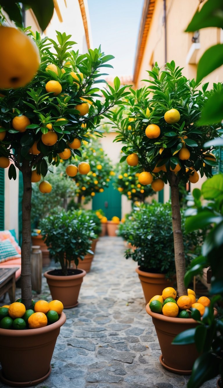 Lush potted citrus trees adorn a charming courtyard garden. Vibrant green leaves and bright fruits create a cozy and inviting atmosphere