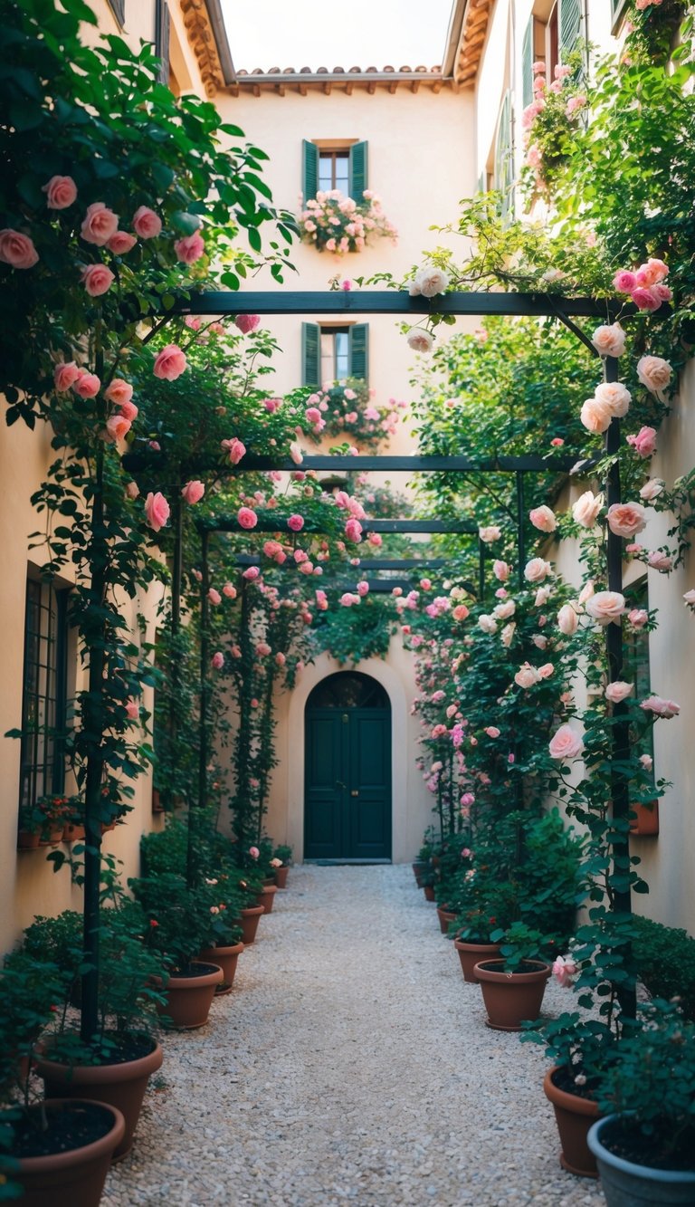 A charming courtyard with 18 small gardens, each adorned with a climbing rose trellis. The trellises create a beautiful and lush atmosphere, with vibrant blooms cascading down