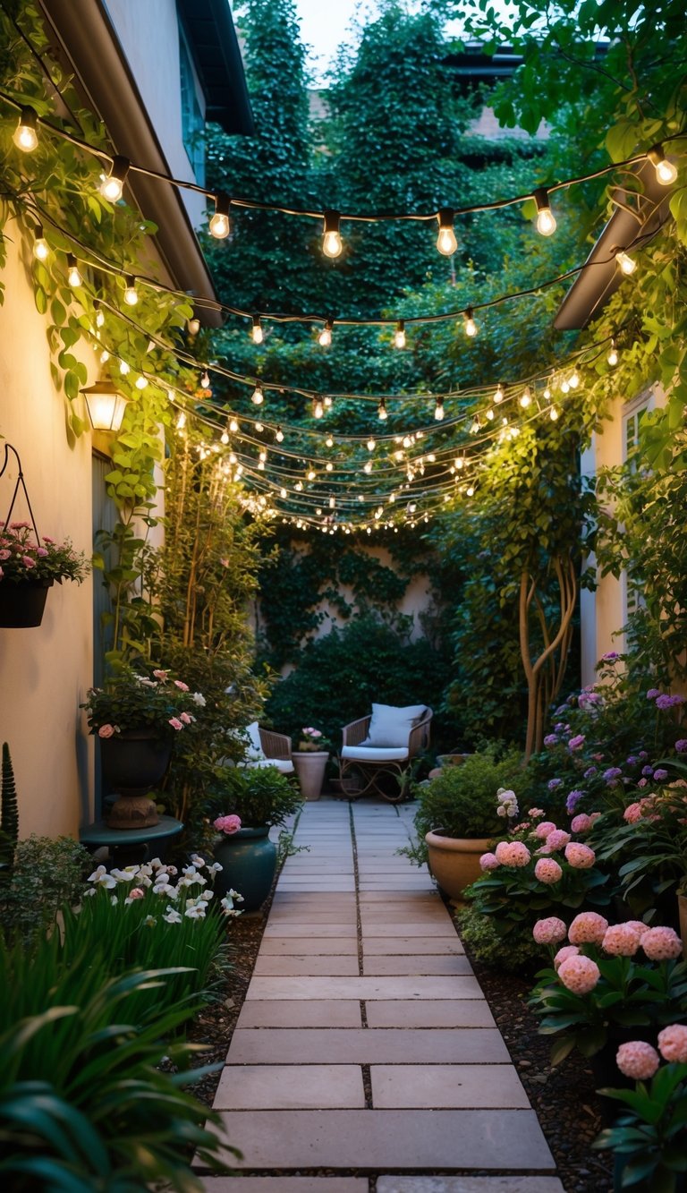 A cozy courtyard garden with twinkling outdoor string lights weaving through lush greenery and blooming flowers