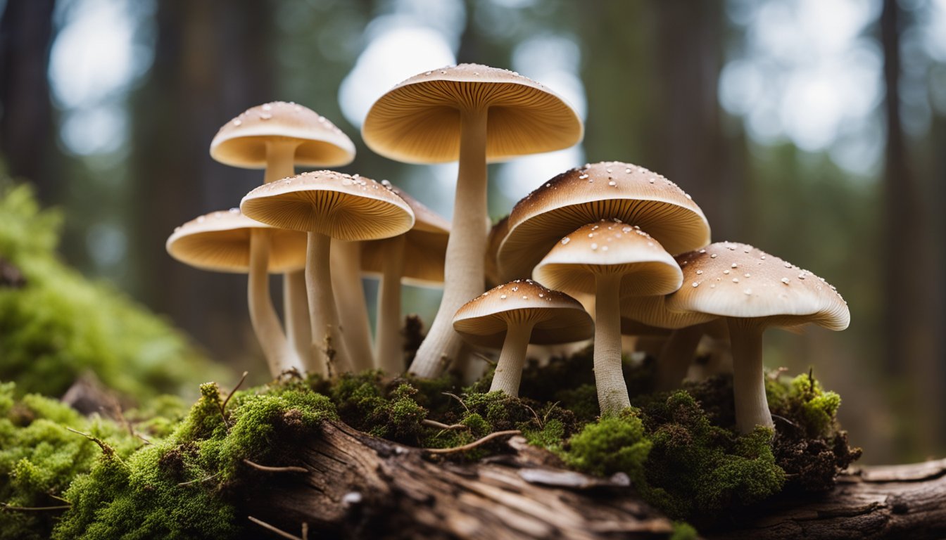 Pioppino mushrooms grow on textured log, with slender brown stems and delicate tan caps, showcasing intricate gills