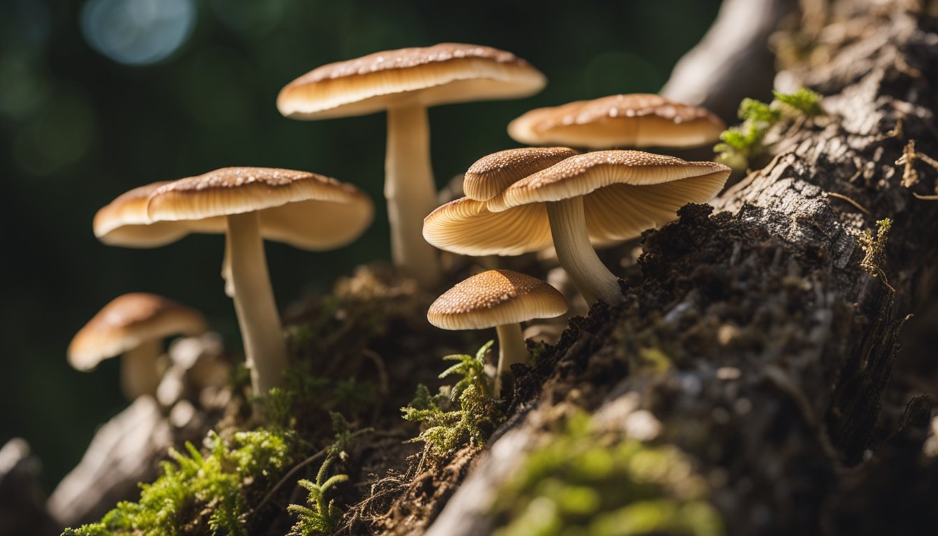 Pioppino mushrooms grow on textured log, showcasing slender brown stems and delicate tan caps with visible gills