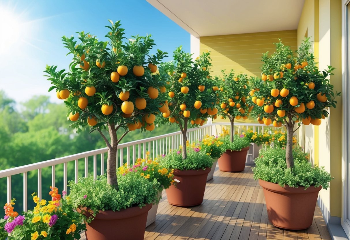 A balcony filled with small, lush fruit trees in pots, the branches heavy with ripe fruit, surrounded by colorful flowers and basking in the sunlight
