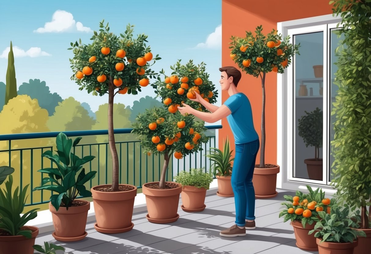 A person picks ripe fruit from small trees on a balcony, surrounded by potted plants and enjoying the harvest