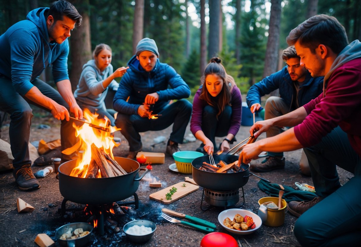 A group of new campers struggle to light a campfire, while others attempt to cook over an unsteady stove. Ingredients are scattered and utensils are misplaced