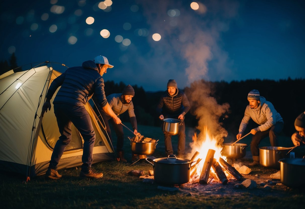 A group of campers struggle to set up a tent in the dark, while others battle with a smoky campfire and overflowing cooking pots