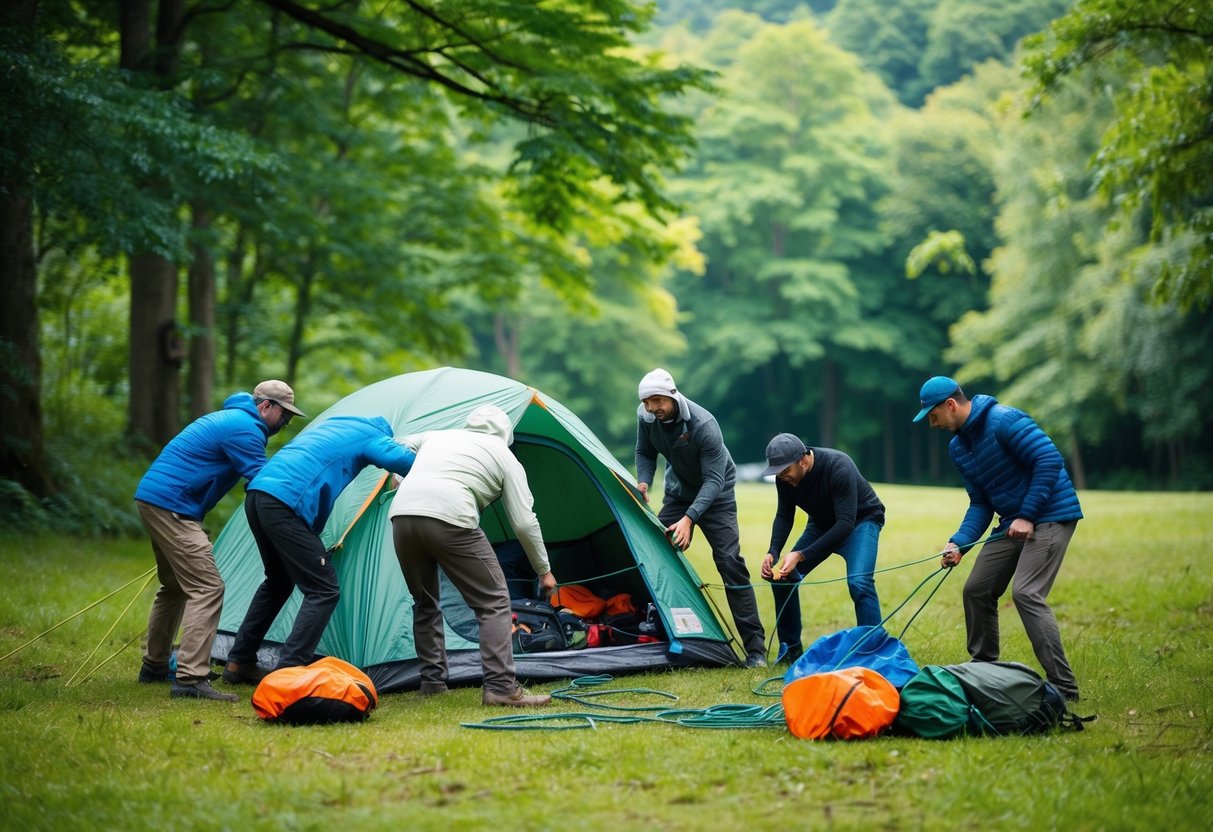 A group of new campers struggle to set up their tent in a lush forest clearing, while others fumble with tangled ropes and misplaced gear