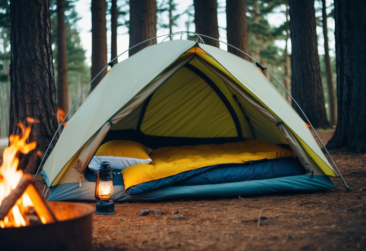 A cozy tent nestled among tall trees, with a sleeping bag, pillow, and lantern inside. A crackling campfire nearby adds warmth and a peaceful ambiance
