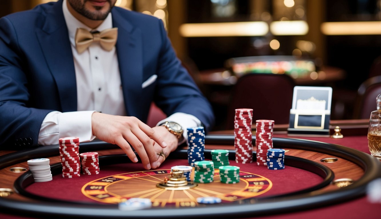 Sebuah meja baccarat mewah dengan chip, kartu, dan seorang dealer