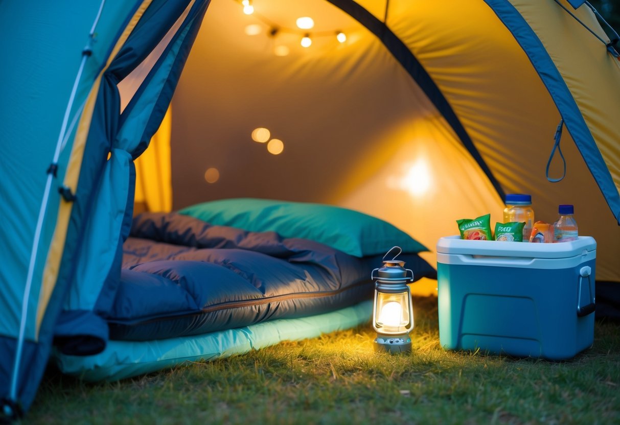 A cozy tent with a sleeping bag, pillow, and water bottle. A small lantern illuminates the scene, with a nearby cooler filled with healthy snacks