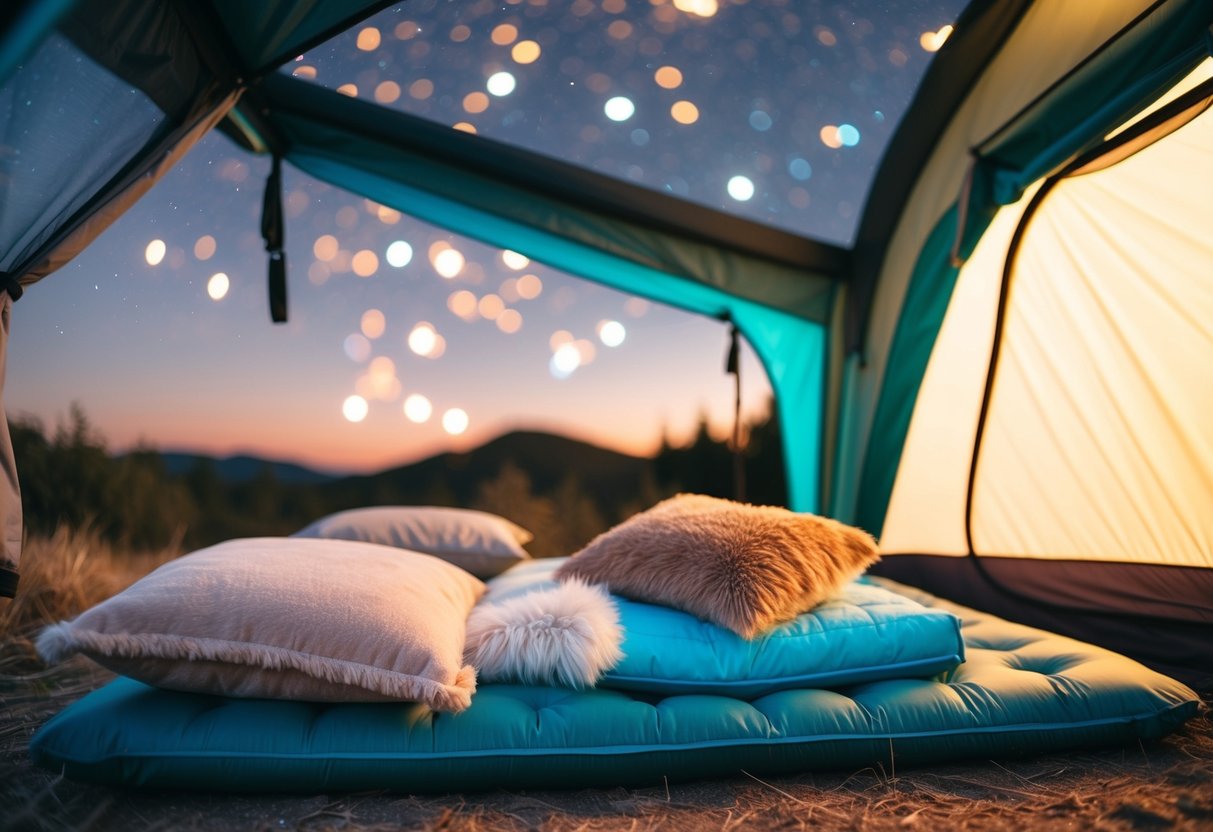 A cozy camping tent with a plush sleeping pad, fluffy pillows, and warm blankets nestled under the stars