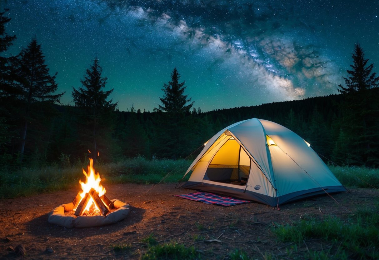 A cozy tent nestled in a forest clearing, with a crackling campfire nearby and a starry night sky above