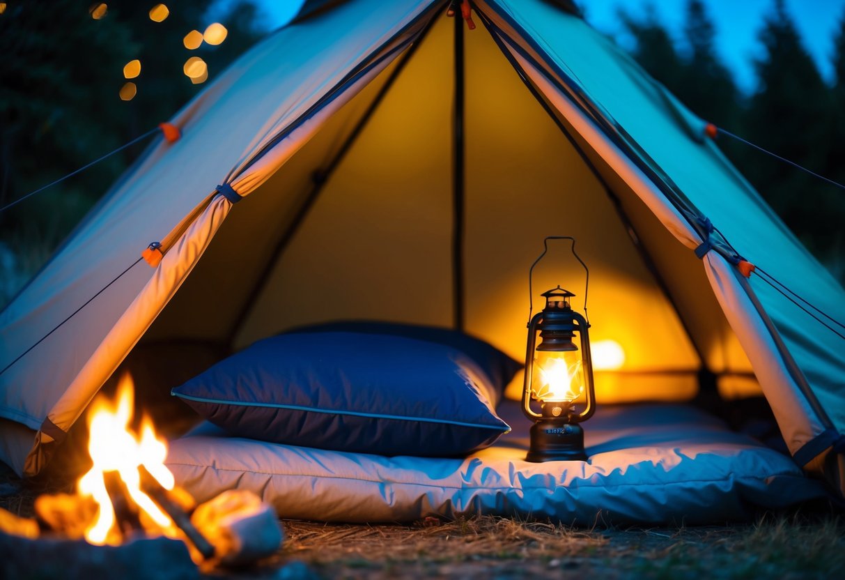 A cozy tent with a sleeping bag, pillow, and lantern inside. A campfire burns outside, casting a warm glow on the peaceful nighttime scene