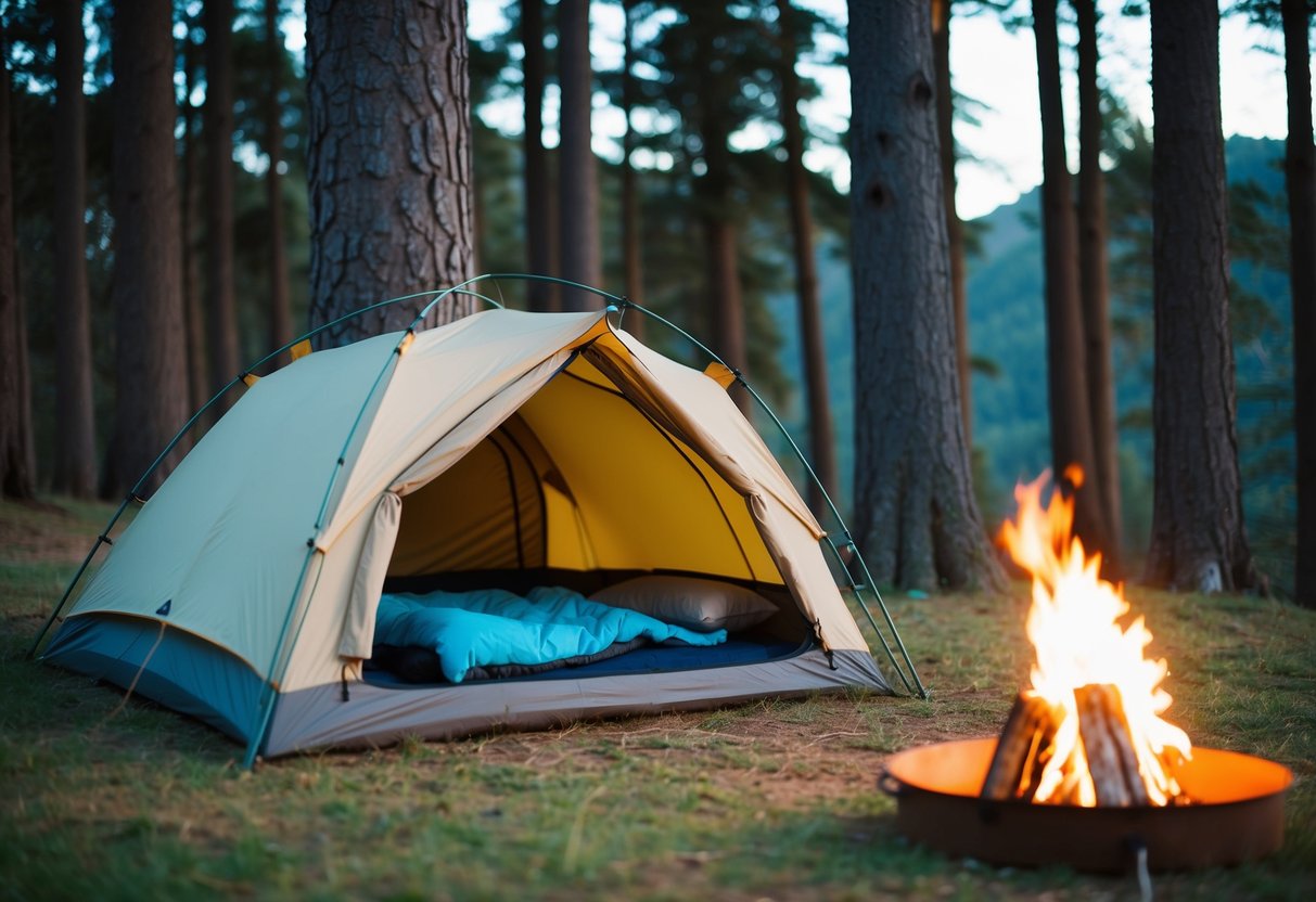 A cozy tent nestled among tall trees, with a glowing campfire nearby and a sleeping bag laid out inside