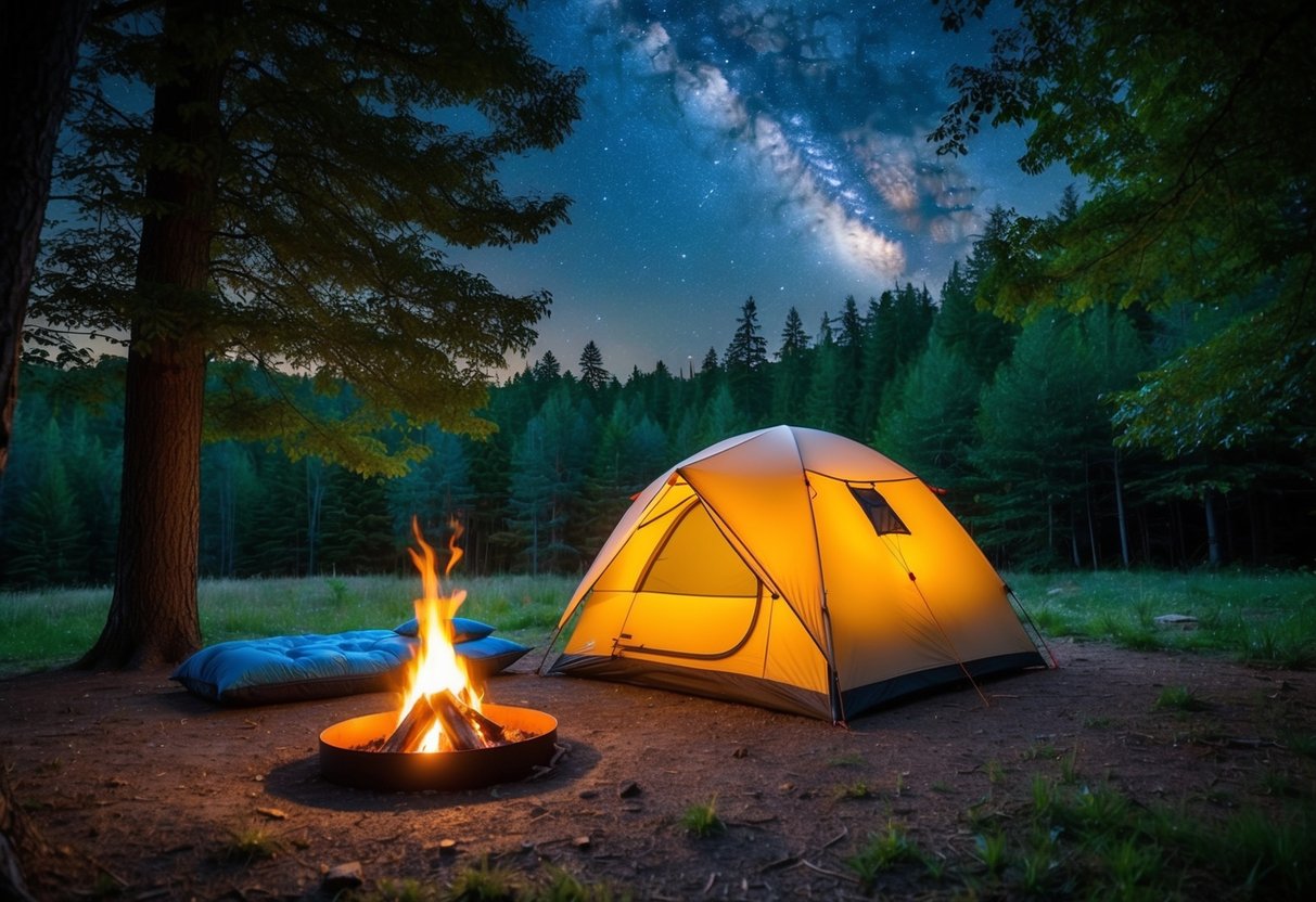 A cozy tent nestled in a serene forest clearing, with a crackling campfire, a comfortable sleeping bag, and a starry night sky overhead