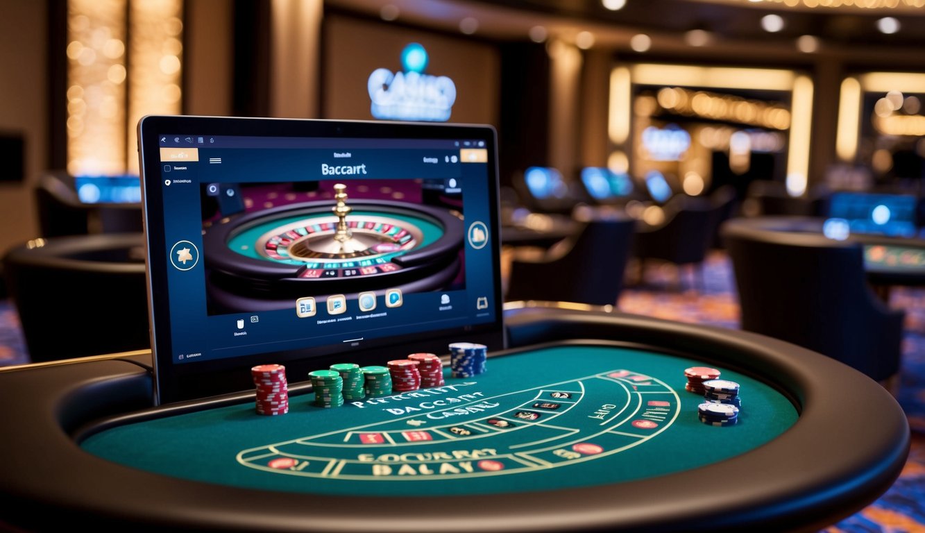 Sebuah meja baccarat online yang ramping dengan kartu dan chip virtual, dikelilingi oleh suasana kasino yang mewah