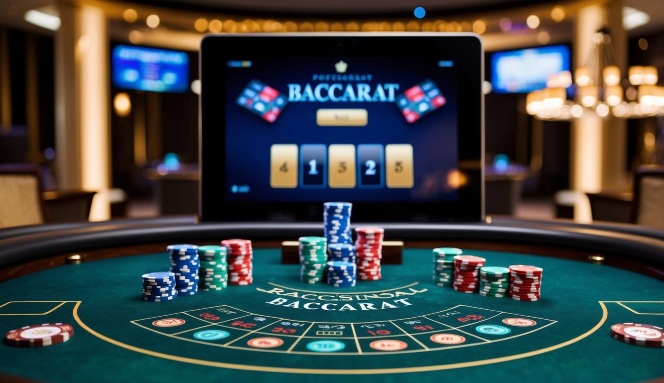 Sebuah meja baccarat online yang ramping dengan kartu dan chip digital, dikelilingi oleh latar belakang kasino virtual dengan pencahayaan yang elegan dan suasana yang canggih