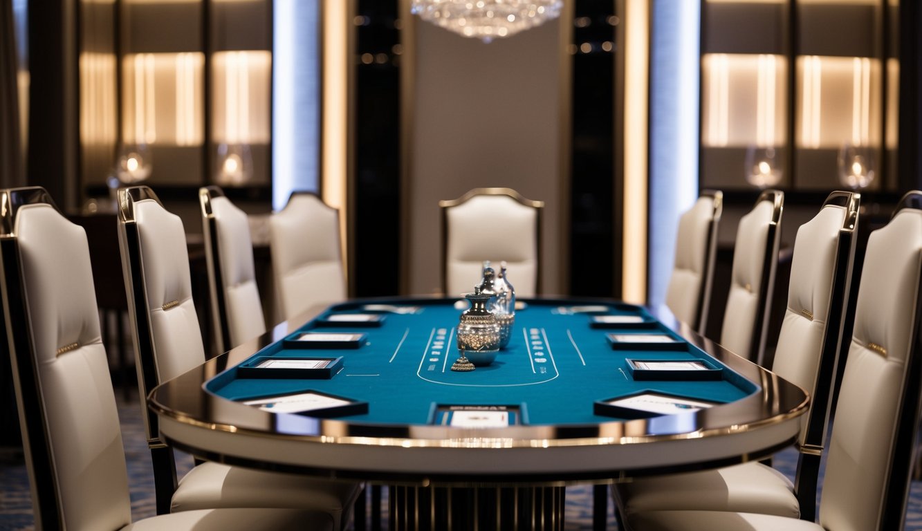 Sebuah meja baccarat yang ramping dan modern dikelilingi oleh kursi-kursi elegan dengan sandaran tinggi. Pencahayaan lembut dan skema warna yang canggih menciptakan suasana kemewahan dan kegembiraan.