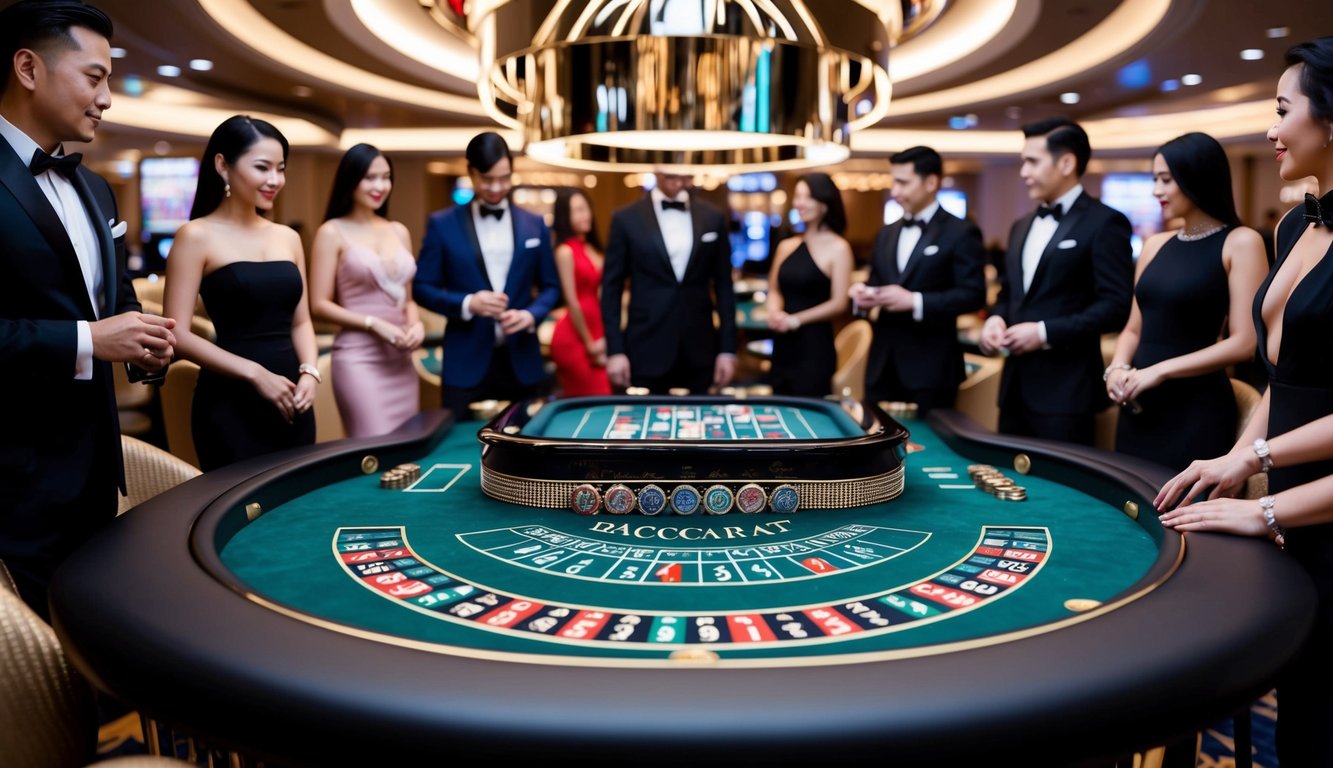 Sebuah meja kasino mewah dengan pengaturan baccarat yang ramping, dikelilingi oleh pemain yang elegan dan berpakaian rapi, dengan suasana yang canggih dan mewah