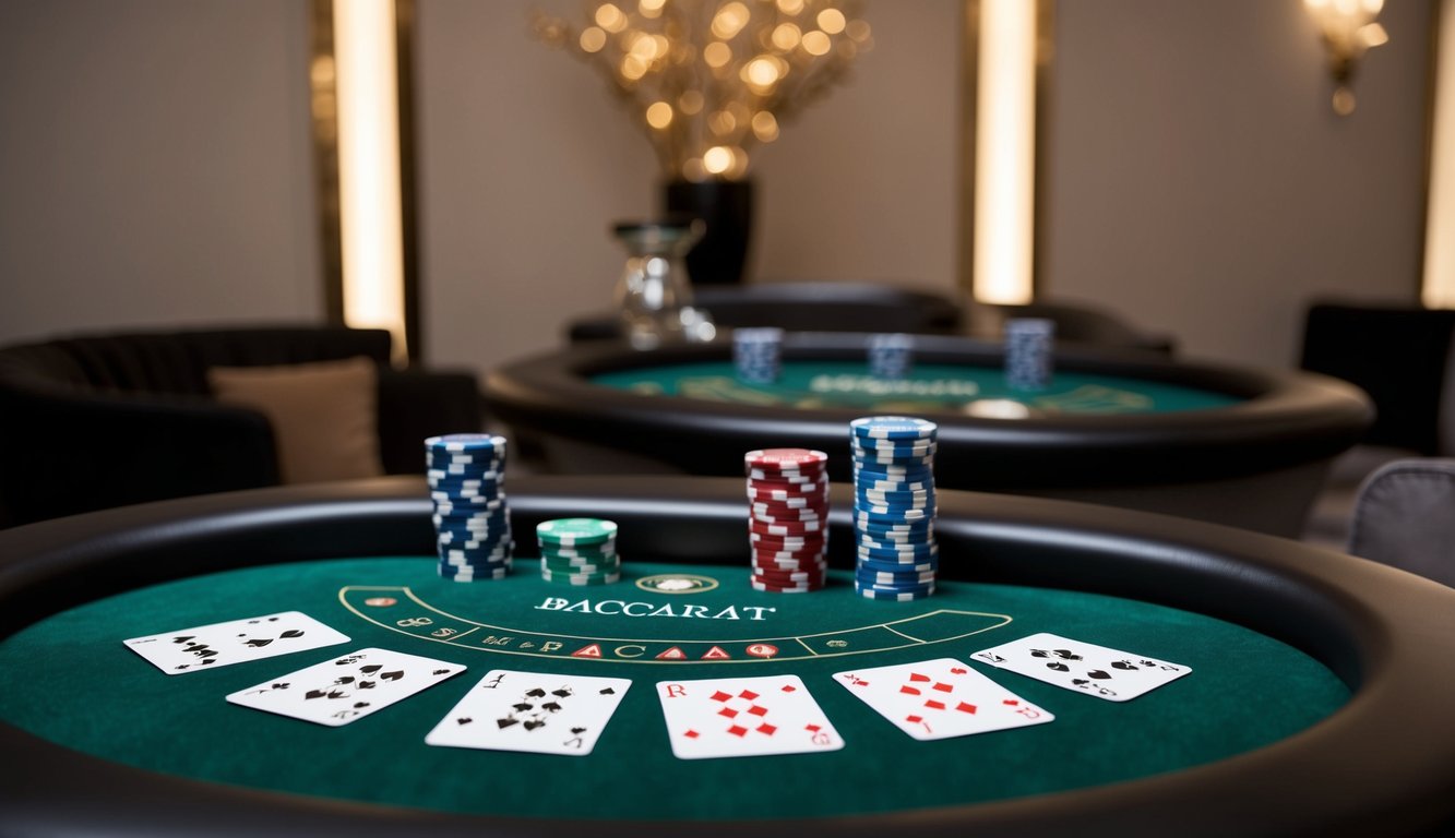 Sebuah meja baccarat online yang ramping dan modern dengan kartu dan chip digital, dikelilingi latar belakang mewah dengan pencahayaan lembut dan suasana yang canggih