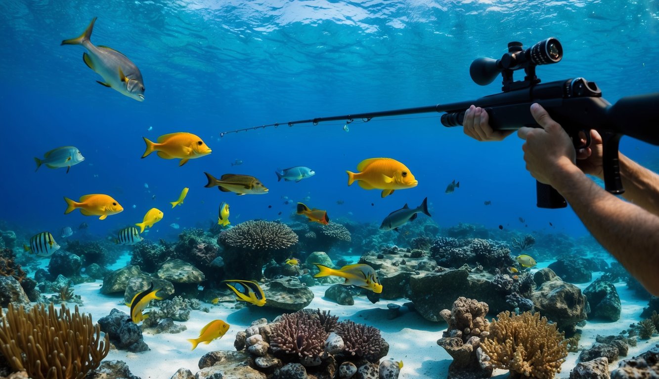 Sebuah dunia bawah laut yang berwarna-warni dengan berbagai makhluk laut yang berenang dan senjata pancing yang menembaki mereka