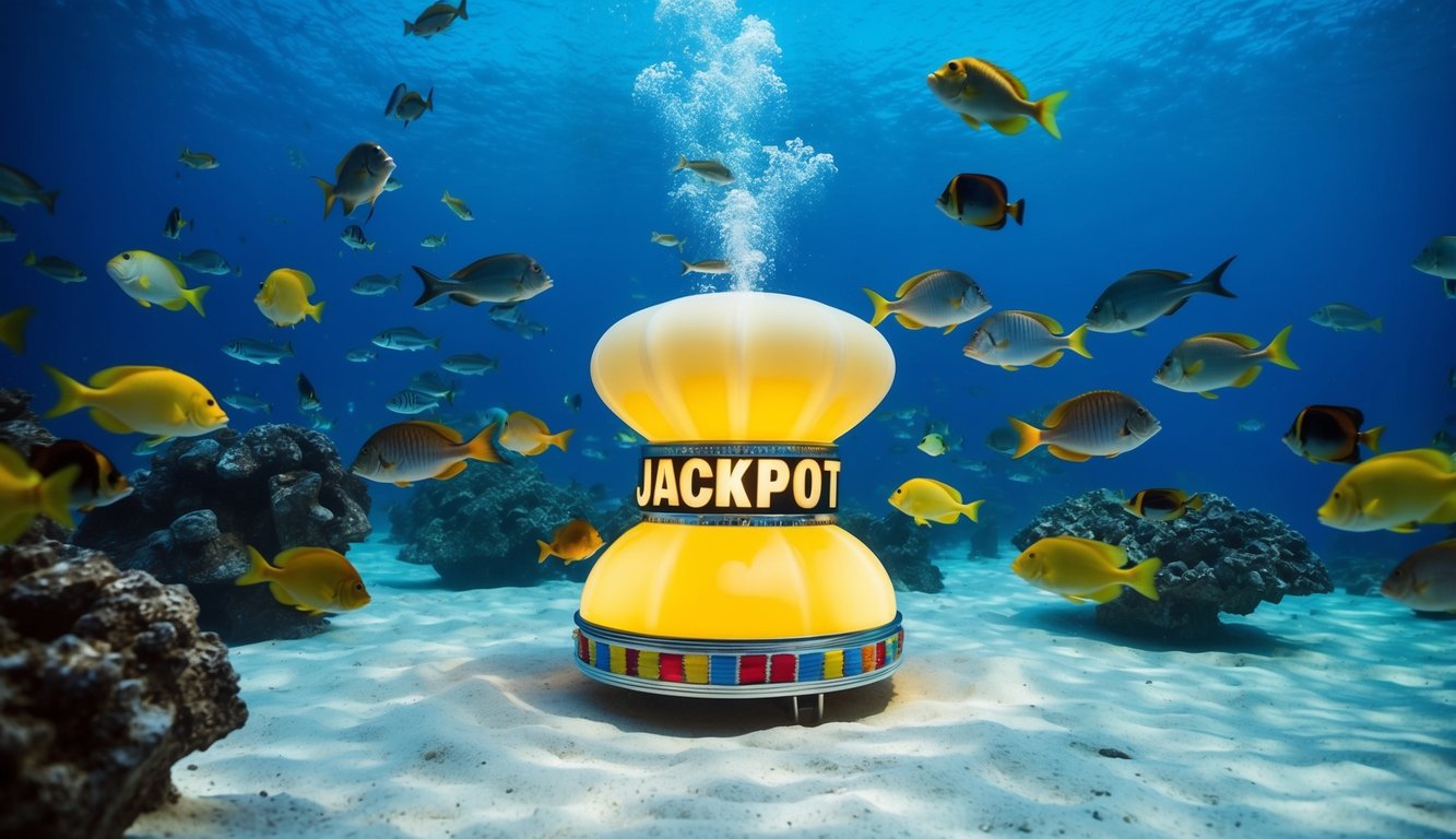 Sebuah pemandangan bawah air yang berwarna-warni dengan berbagai ikan yang berenang di sekitar hadiah jackpot besar yang bersinar