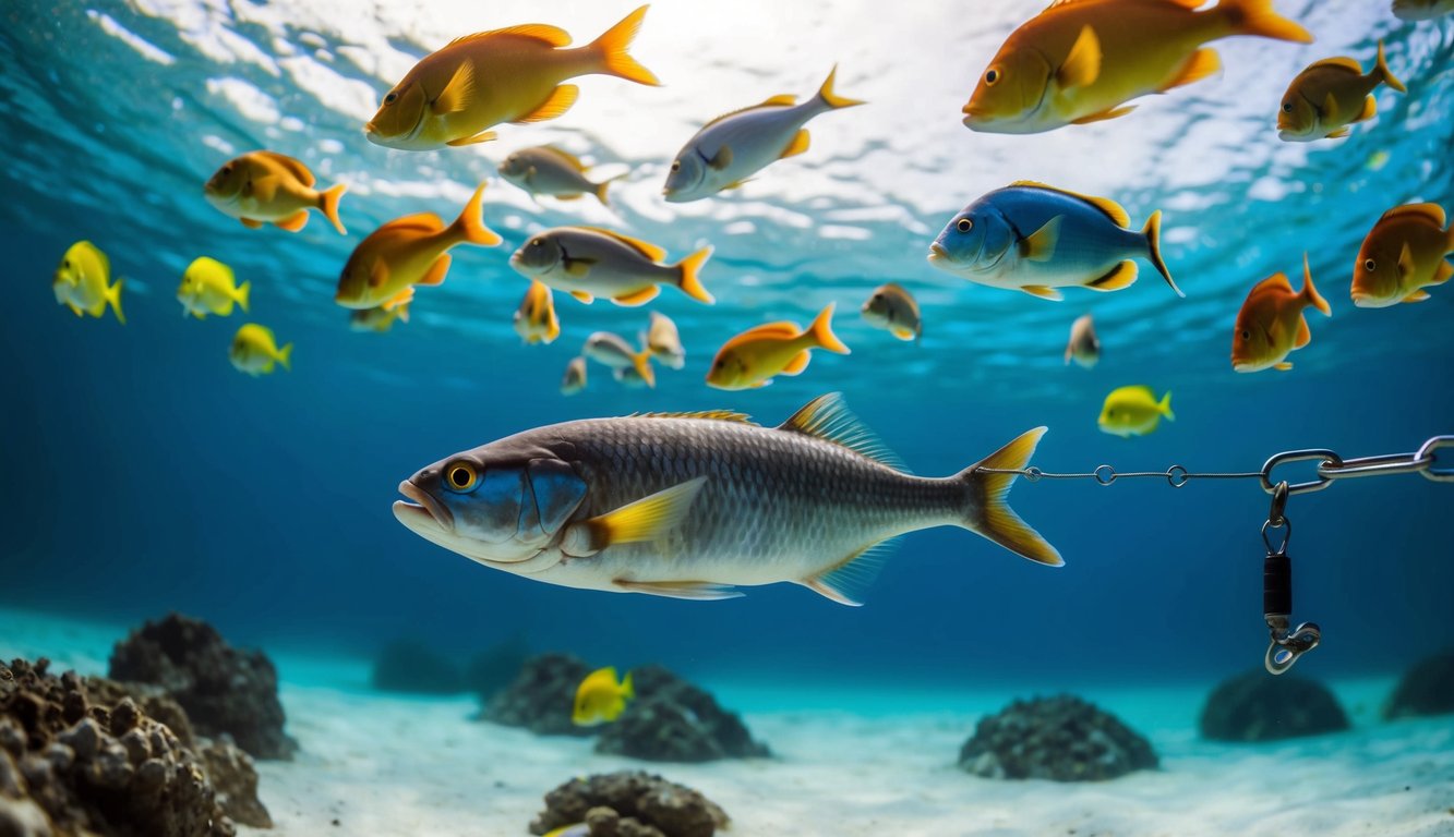 Dunia bawah laut yang tenang dengan ikan-ikan berwarna-warni yang berenang di sekitar tautan memancing yang dapat dipercaya