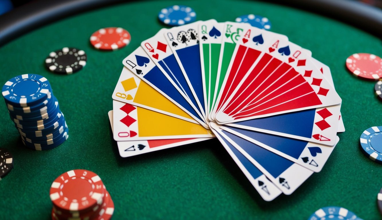 Sekelompok kartu bermain berwarna-warni disusun dalam bentuk kipas di atas meja felt hijau, dengan chip poker tersebar di sekitarnya