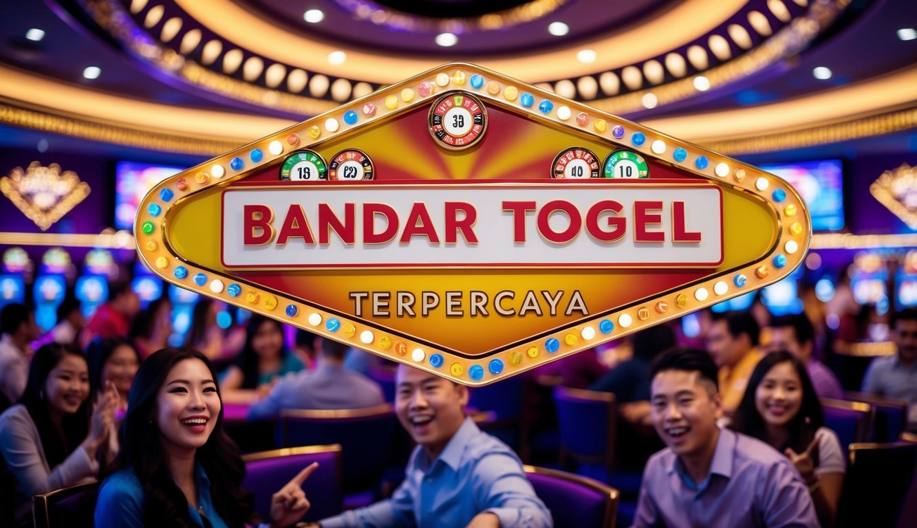 Sebuah pengaturan kasino yang berwarna-warni dan cerah dengan tanda "Bandar Togel Terpercaya" yang mencolok, dikelilingi oleh pengunjung yang bersemangat dan terlibat