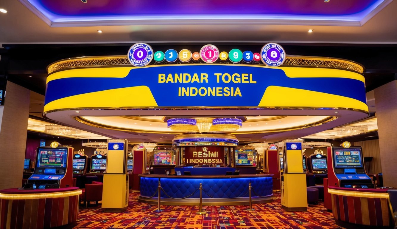 Sebuah pengaturan kasino yang berwarna-warni dan hidup dengan tanda besar yang menampilkan "Bandar Togel Resmi Indonesia" di pintu masuk