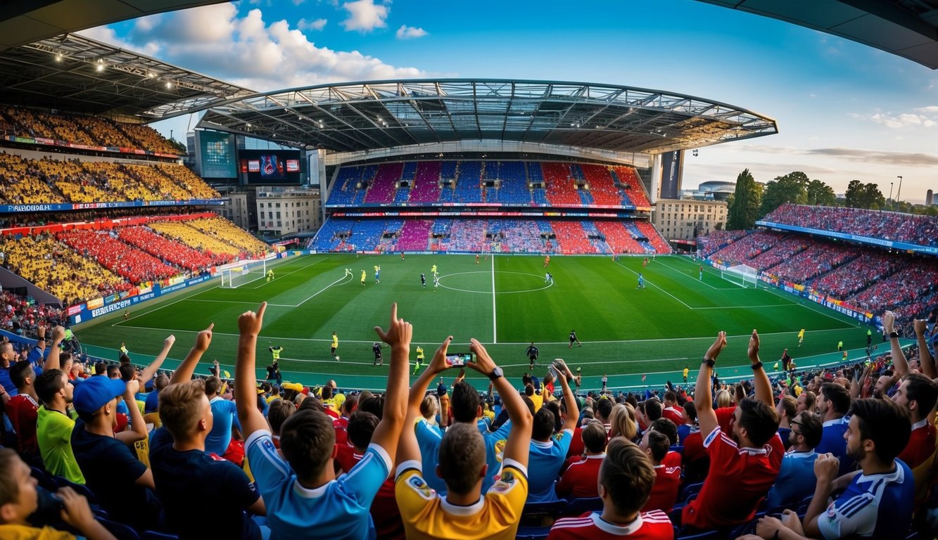 Sebuah stadion sepak bola yang berwarna-warni dan penuh semangat, dipenuhi dengan penggemar yang bersorak dan pemain yang beraksi