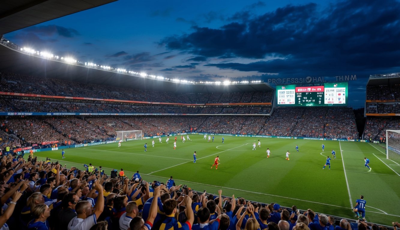 Sebuah stadion yang ramai dipenuhi dengan para penggemar yang bersorak, lapangan sepak bola dengan pemain yang sedang beraksi, dan papan skor yang menampilkan nama tim dan skor