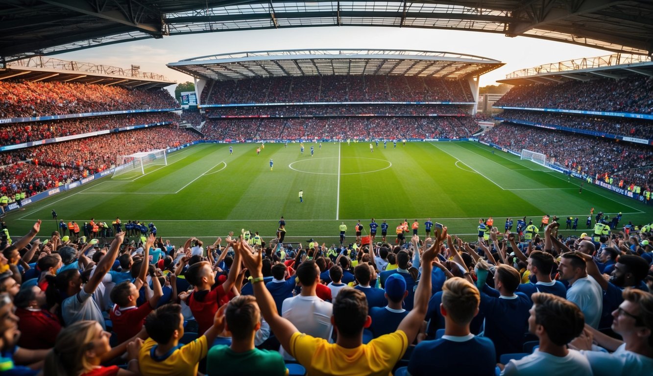 Sebuah stadion sepak bola yang ramai dengan penggemar yang bersorak dan pemain di lapangan