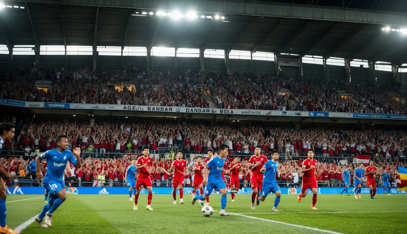 Agen Bandar Bola: Sebuah stadion sepak bola yang ramai dengan penggemar bersorak dan pemain beraksi di lapangan