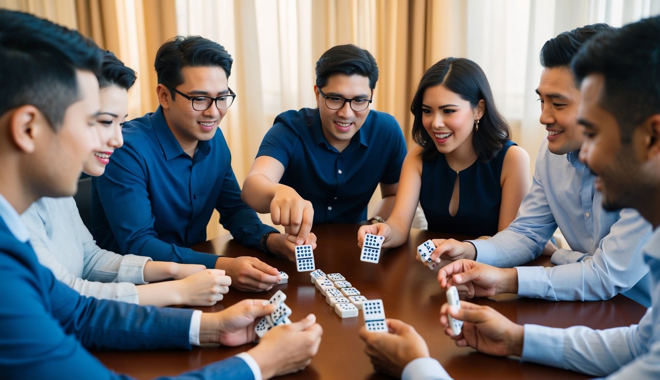 Sekelompok orang duduk di sekitar meja, masing-masing memegang satu set ubin mirip domino, dengan ekspresi serius saat mereka bermain ceme secara online.