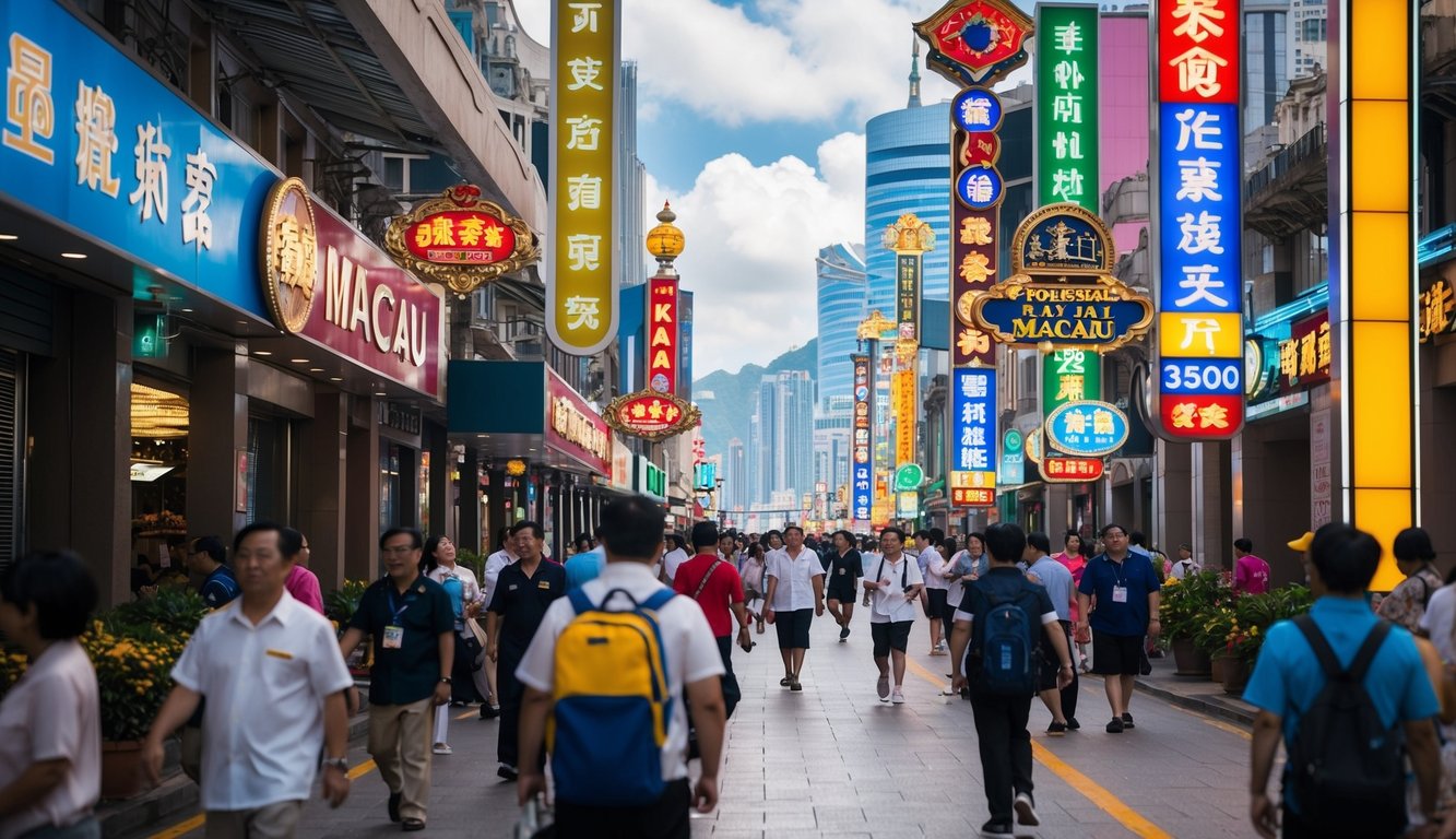 Sebuah jalan yang ramai di Macau dengan tanda-tanda berwarna-warni dan aktivitas yang sibuk, menandakan kegembiraan dari situs resmi Togel Macau