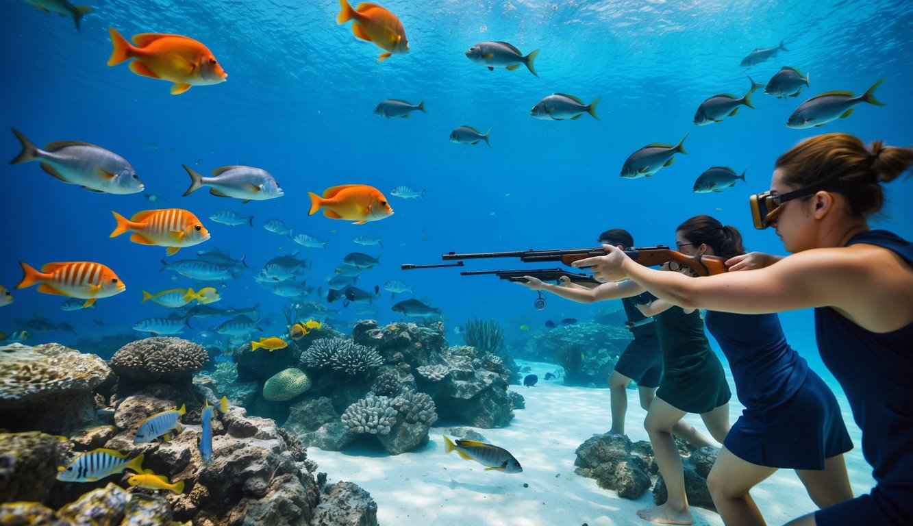 Dunia bawah laut yang berwarna-warni dengan berbagai ikan yang berenang di sekitar, sementara sekelompok pemain terlihat mengarahkan dan menembak ikan tersebut.