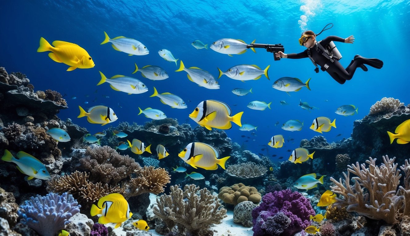 Sebuah dunia bawah laut yang berwarna-warni dengan berbagai makhluk laut yang berenang di sekitar terumbu karang, sementara sekelompok ikan sedang ditembak oleh seorang karakter.