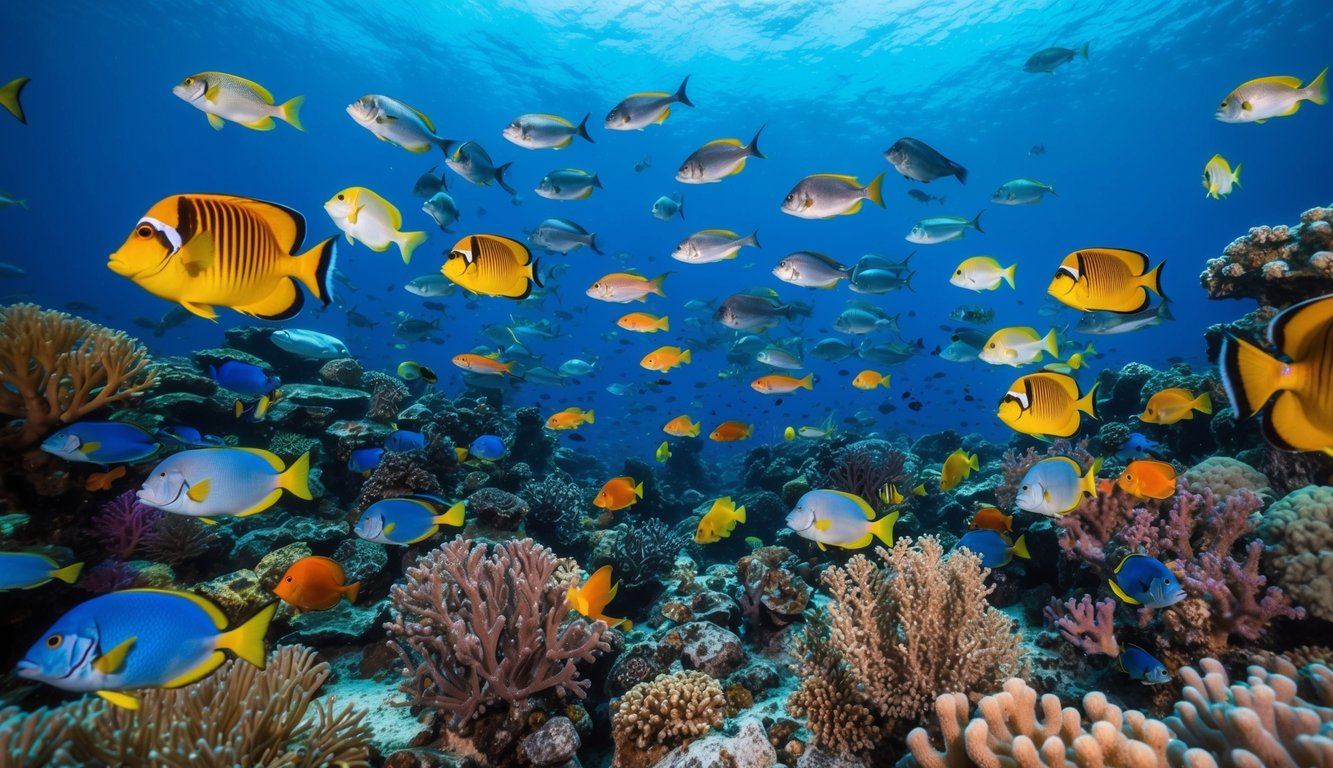 Sebuah dunia bawah laut yang ramai dengan ikan berwarna-warni, terumbu karang, dan berbagai makhluk laut yang berenang di sekitar permainan tembak-menembak pusat.