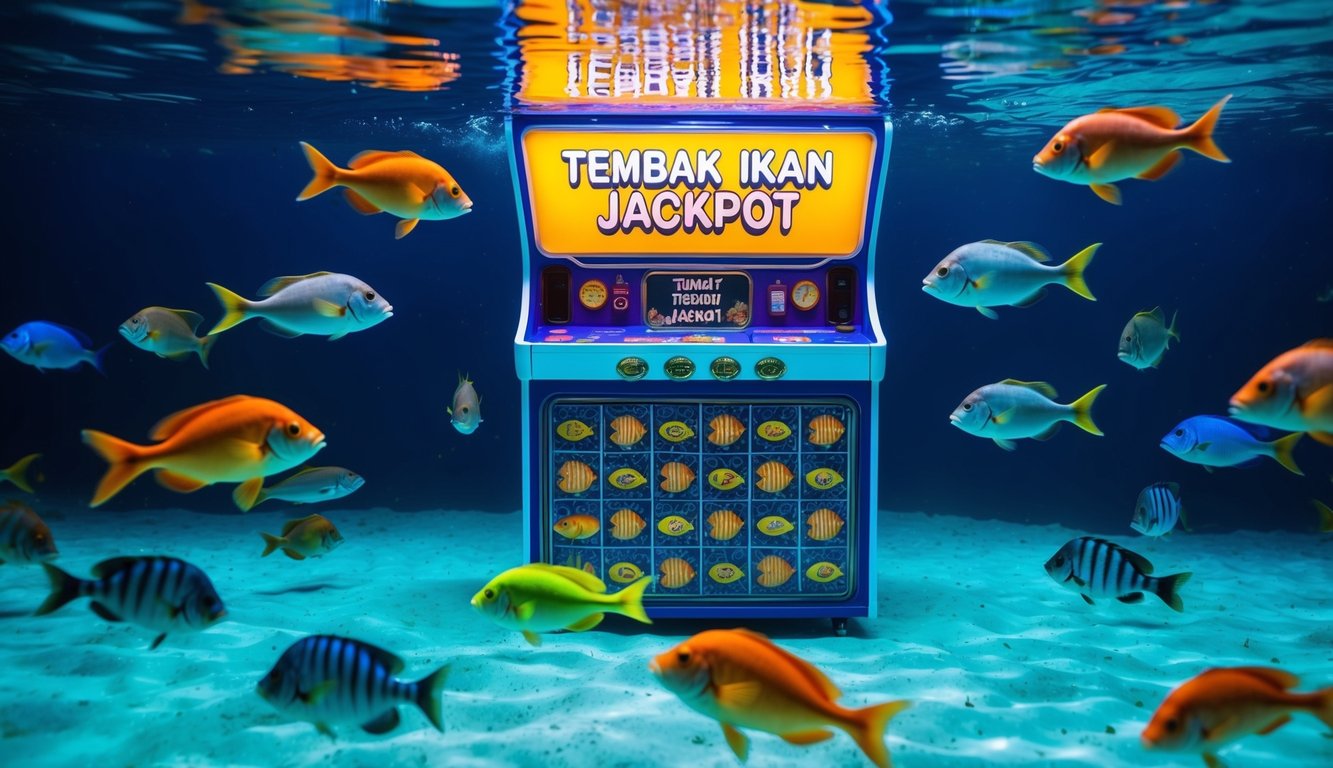 Sebuah dunia bawah laut yang berwarna-warni dengan berbagai ikan yang berenang di sekitar permainan arcade "Tembak Ikan Jackpot" yang bersinar