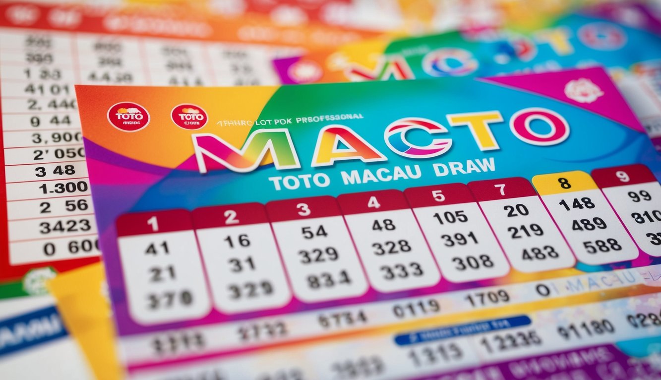 Sebuah tiket lotere berwarna-warni dengan nomor pemenang untuk undian Toto Macau terbaru