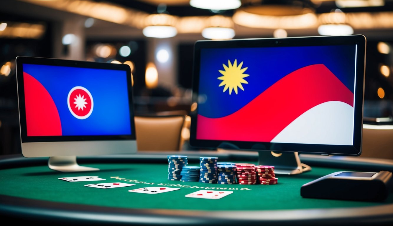 Sebuah meja poker digital dengan kartu, chip, dan layar komputer yang menampilkan bendera Indonesia