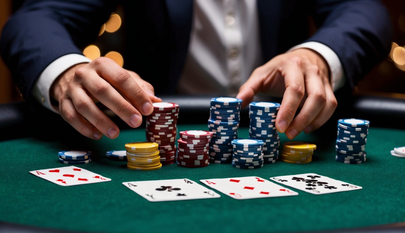 Sekumpulan chip poker dan kartu berserakan di atas meja felt hijau, dengan tangan seorang pemain menjulur untuk memasang taruhan.