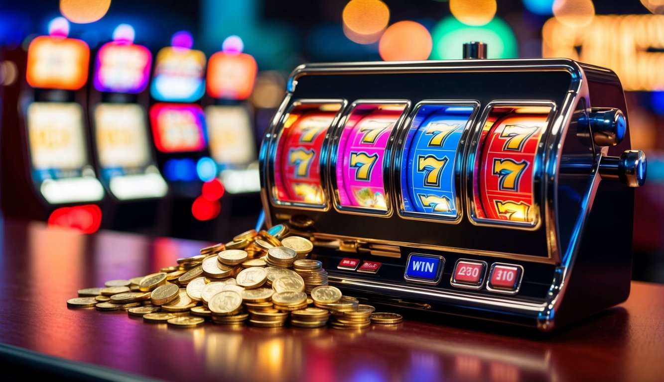 Sebuah mesin slot berwarna-warni dengan lampu berkedip dan koin yang tumpah dari jackpot yang menang