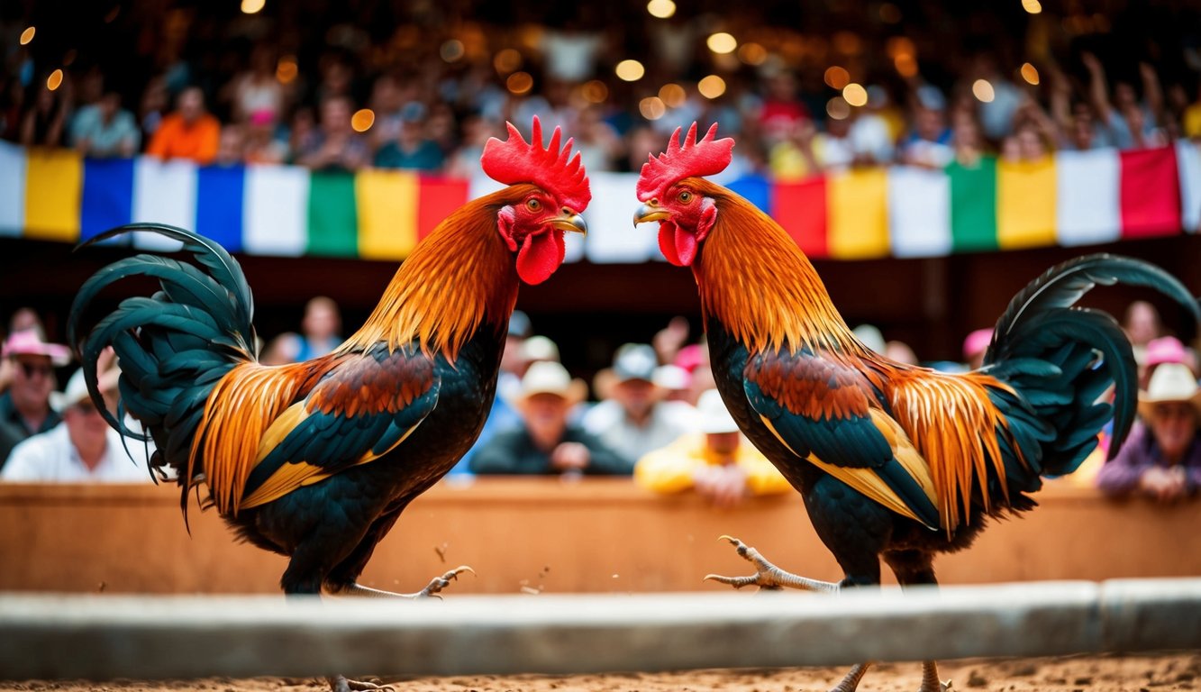 Sebuah arena yang ramai dengan dua ayam jantan yang bertarung sengit, dikelilingi oleh penonton yang bersorak dan spanduk berwarna-warni