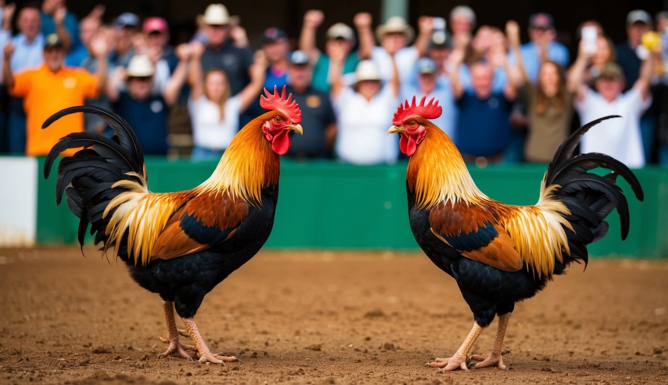 Dua ayam jantan berhadapan di arena tanah, dikelilingi oleh penonton yang bersorak