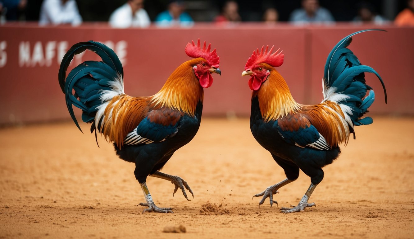 Dua ayam jantan terlibat dalam pertarungan sengit di arena sabung ayam tradisional