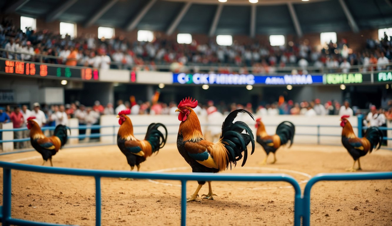 Sebuah arena sabung ayam resmi yang ramai dengan penonton yang bersorak dan ayam jantan berwarna-warni di tengah ring